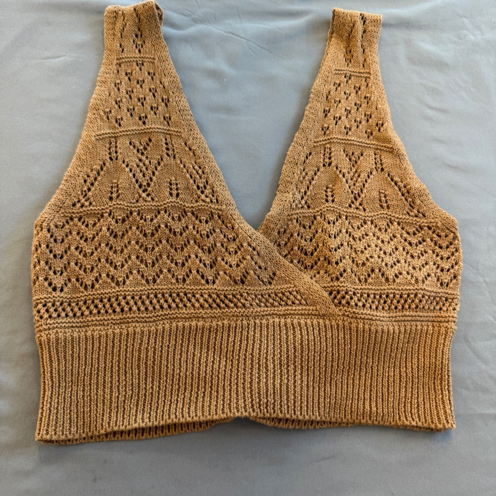Jolie & Joy Womens Large Camel Brown Pointelle Knit Lace Up Back Crop Top
